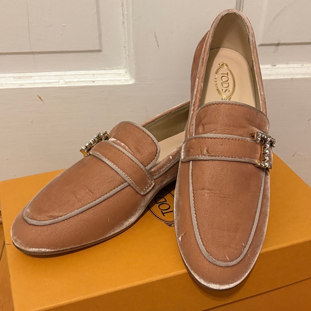 Tod's Blush Velvet Loafers with Crystal Buckle